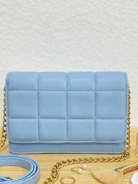 Light Blue Quilted Crossbody Bag Gold Chain Strap Purse